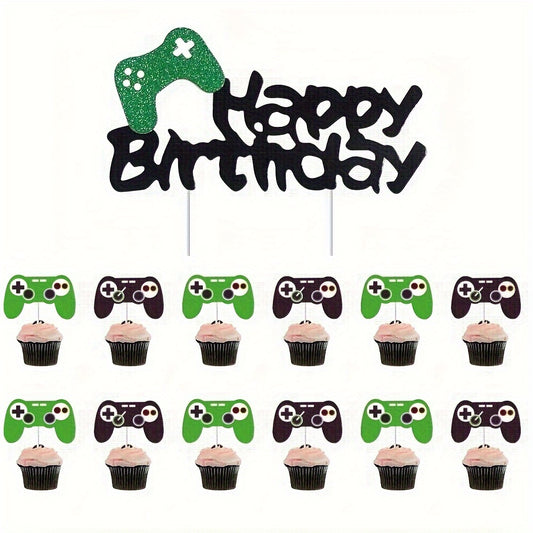 13pcs Gamepad Theme Cake Flag Cupcake Decorations Boy Birthday Cake Tag Flag Set