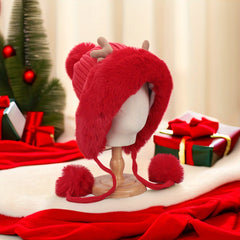 Plush Reindeer Antlers Winter Hat Fleece Lined Thickened Knitted Hat