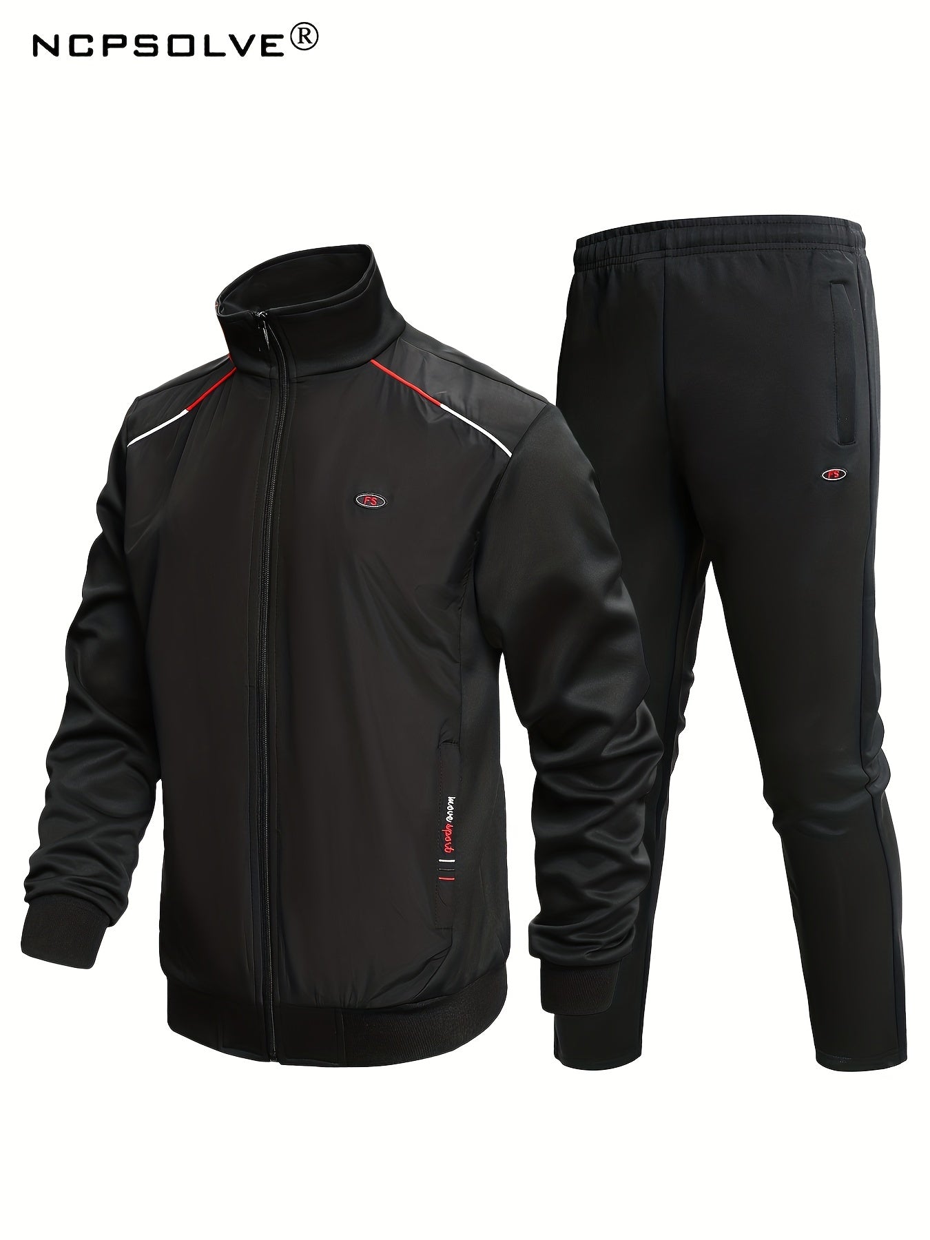 Men's Sports Suit Solid Stand Collar Zip Up Jacket & Stretch Elastic Waist Pants