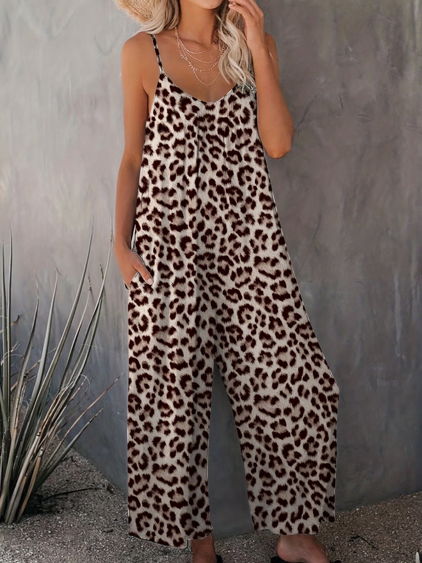 Leopard Print Wide Leg Jumpsuit Sleeveless Casual Jumpsuit