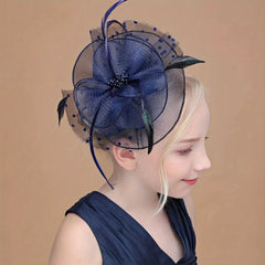 Mesh Bowler Hat with Feather Bow for Girls Party