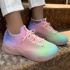 Women's Rainbow Sock Sneakers Knit Lace Up Low Top Running Shoes Lightweight