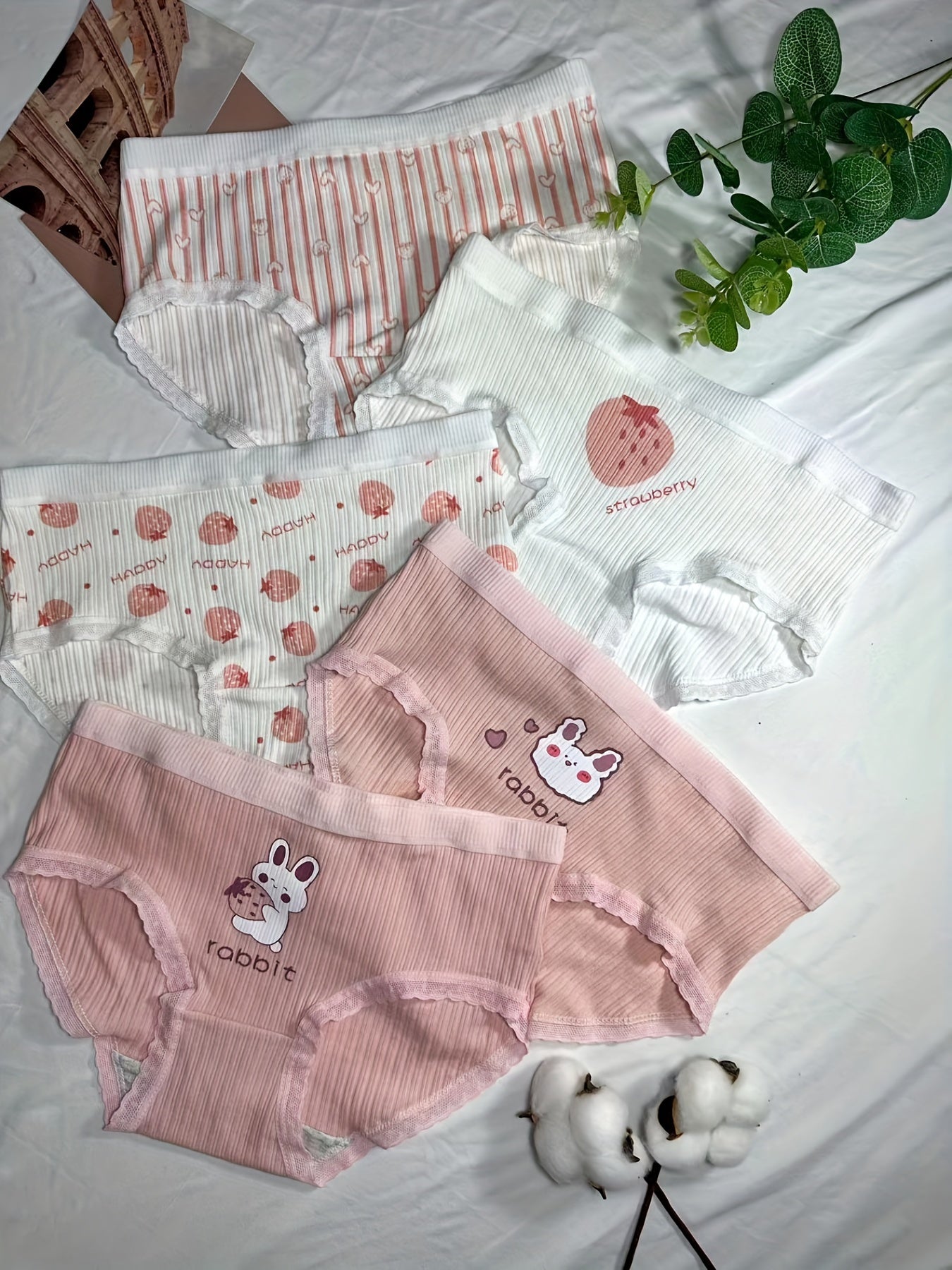 5 Pcs Strawberry & Rabbit Briefs & Ribbed Cotton Bikini Panties
