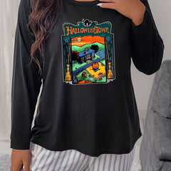 Women's Plus Size Halloween Graphic Print Long Sleeve Pajama Top