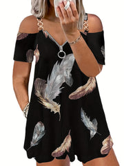 Casual Dress Women's Plus Feather Print Metal Decor Zipper