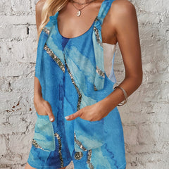Marble Print Wide Leg Cami Overalls Romper Sleeveless Jumpsuit
