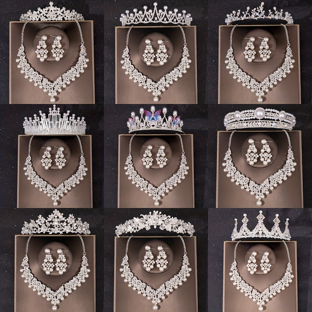 3PCS Faux Pearl Crown Earrings Necklace Set Head Jewelry
