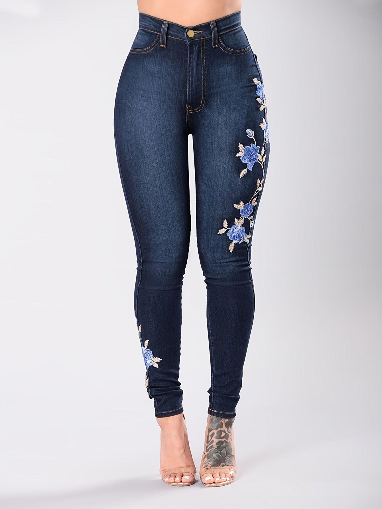 Floral Embroidery Skinny Jeans Zipper Button Medium Stretch Denim Pants