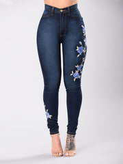 Floral Embroidery Skinny Jeans Zipper Button Medium Stretch Denim Pants