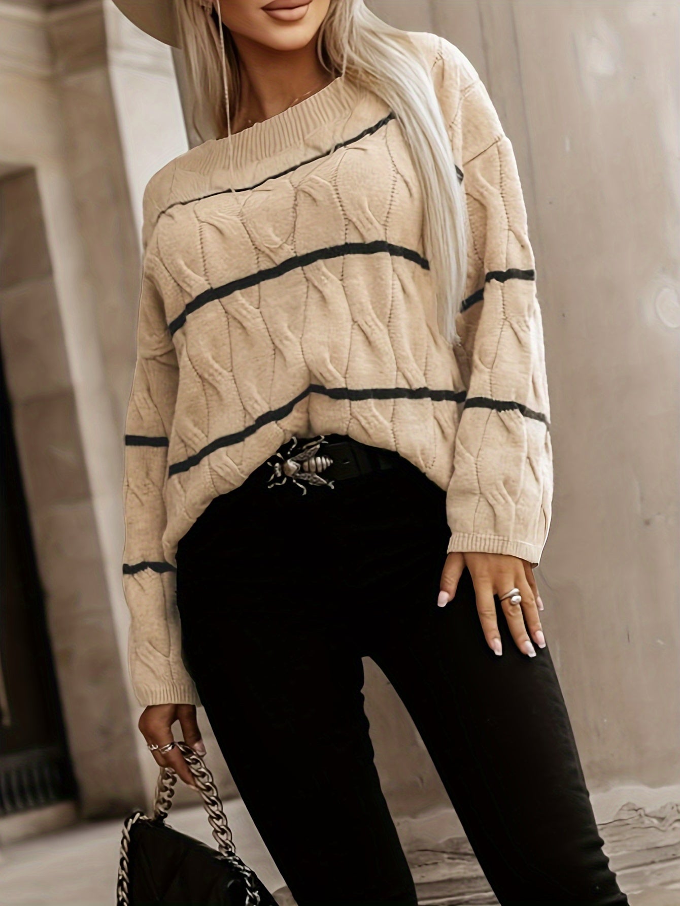 Women's Striped Long Sleeve Knitted Pullover Jumper