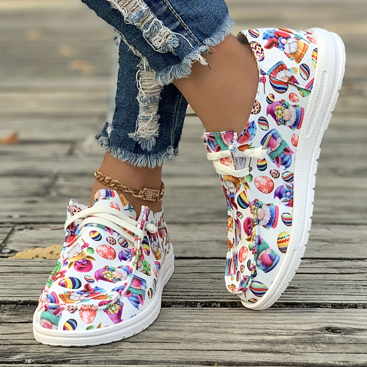 Women's Cartoon Figure & Eggs Print Sneakers Soft Sole Casual Flats
