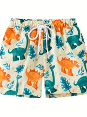 Dinosaur Print Boys Beach Shorts Quick Dry Drawstring Swim Trunks