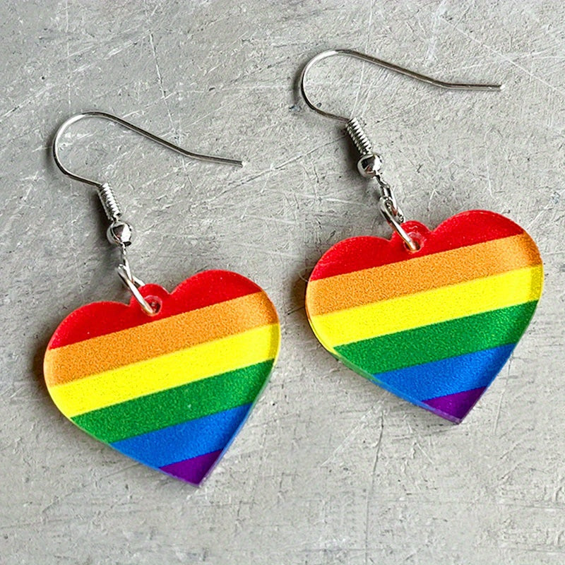 Rainbow Heart Shaped Earrings Multicolor Acrylic Striped Jewelry