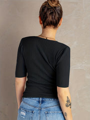 Surplice Neck Ribbed Knit Short Sleeve Sweater
