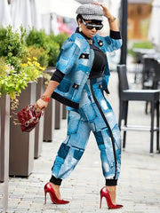 Plaid Button Two piece Set Contrast Trim Jacket & Casual Pants Outfits