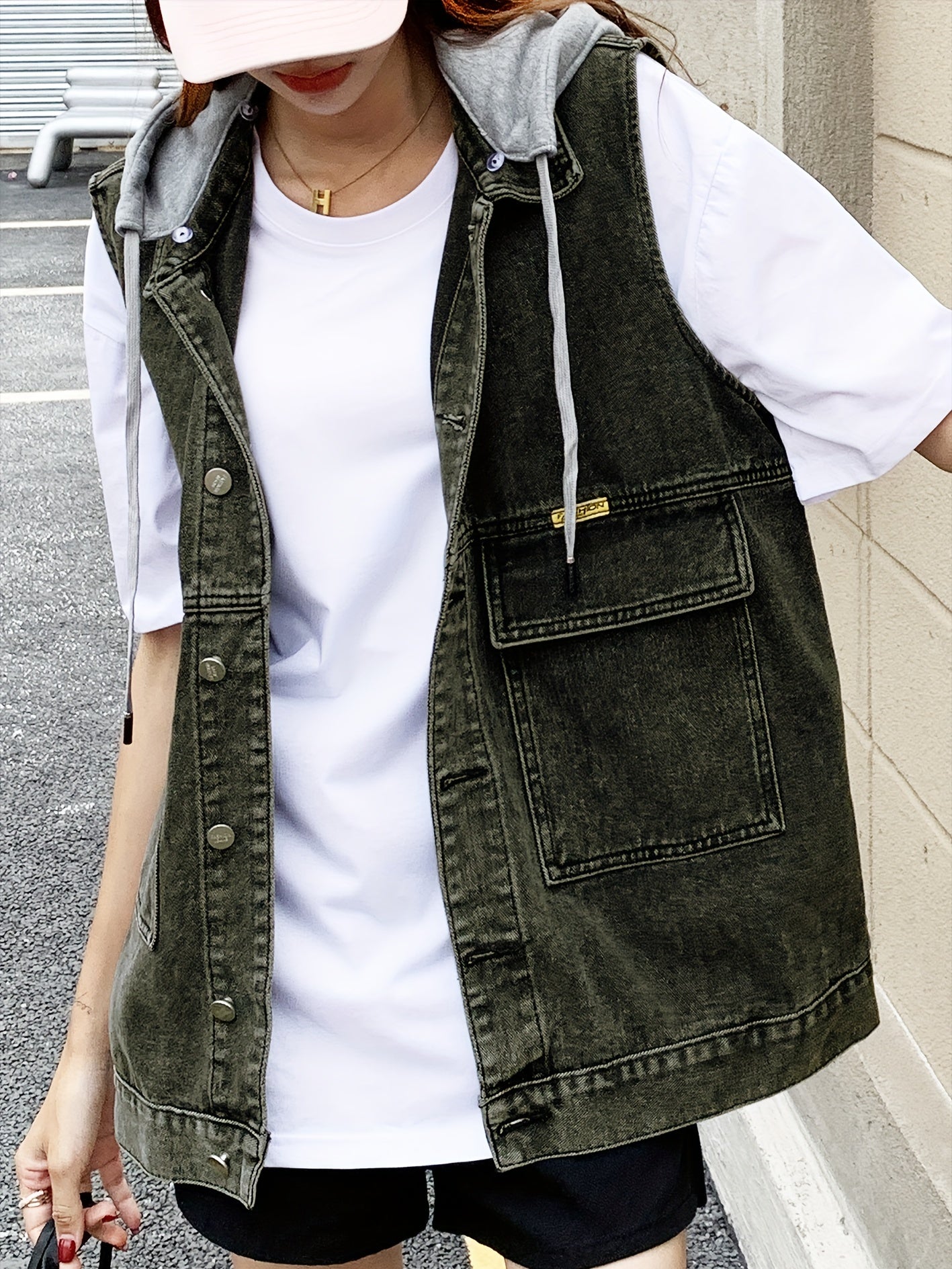 Denim Top Women's Button Front Hooded Vest