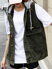 Denim Top Women's Button Front Hooded Vest