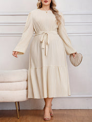 Solid Long Sleeve Midi Dress with Belt