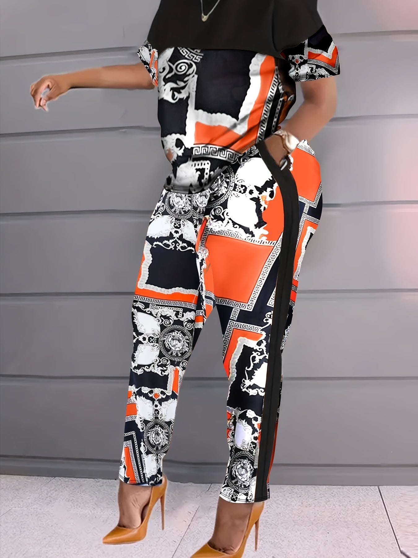 Colorblock Baroque Print Top & Pants Set