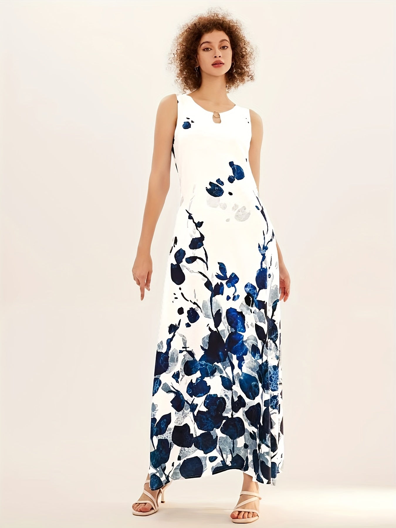 Floral Print Keyhole Maxi Dress Sleeveless Crew Neck Pocket Women's Clothing