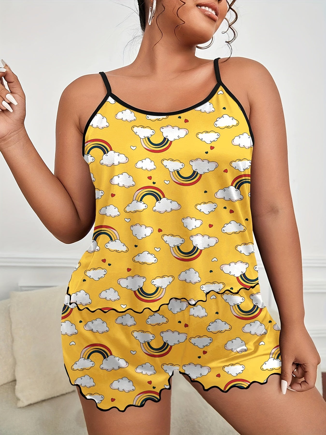 Rainbow Heart Print Pajama Set Round Neck Cami & Shorts Two Piece