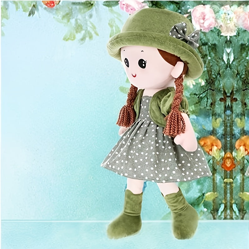 13in Plush Girl Doll with Braided Hair Red Outfit Expressive Eyes Cuddly Toy