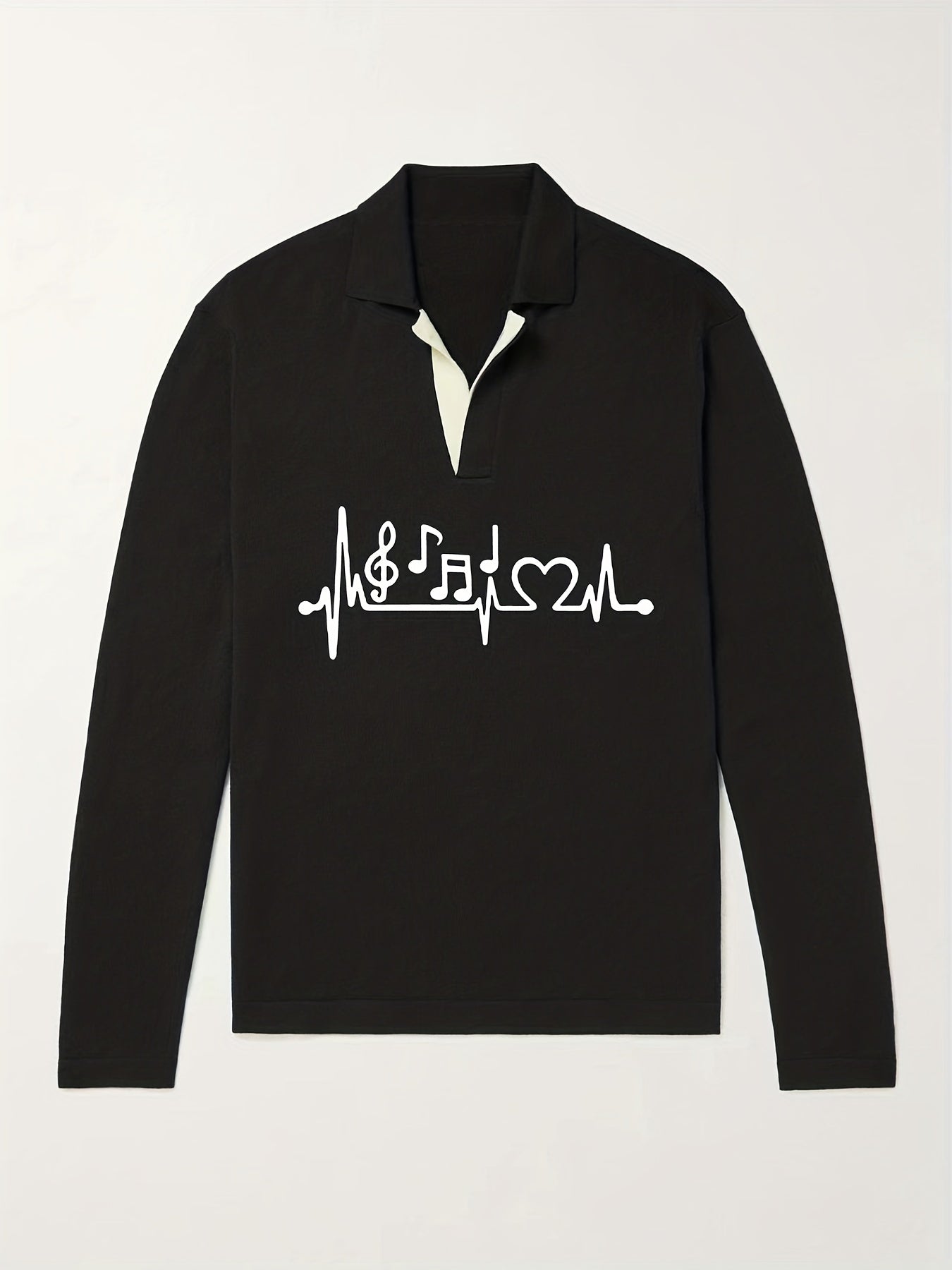 Music Note Pattern Knit Polo Shirt Men's Casual Lapel Pullover Sweater