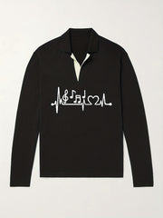 Music Note Pattern Knit Polo Shirt Men's Casual Lapel Pullover Sweater