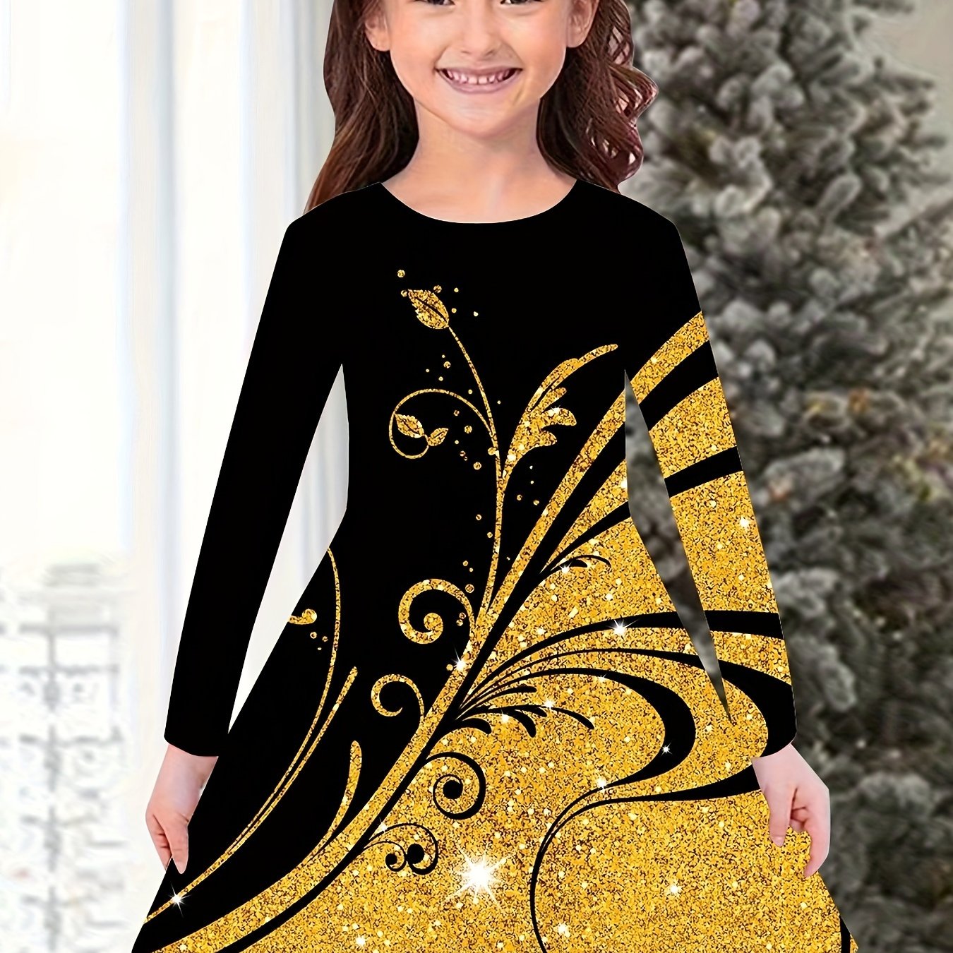 Girls 3D Flower Graphic Long Sleeve Dress Spring Fall Party Gift