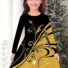 Girls 3D Flower Graphic Long Sleeve Dress Spring Fall Party Gift