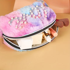Cartoon Plush Bead Letter Patch Coin Purse Girls Cosmetic Storage Bag