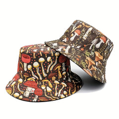 Brown Mushroom Print Bucket Hat Reversible Cartoon Sunscreen Basin Hat