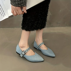 Women's Denim Flat Shoes Casual Point Toe Buckle Strap Barefoot Shoes