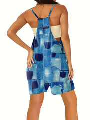 Denim Print Dual Pockets Romper Casual Sleeveless Jumpsuit