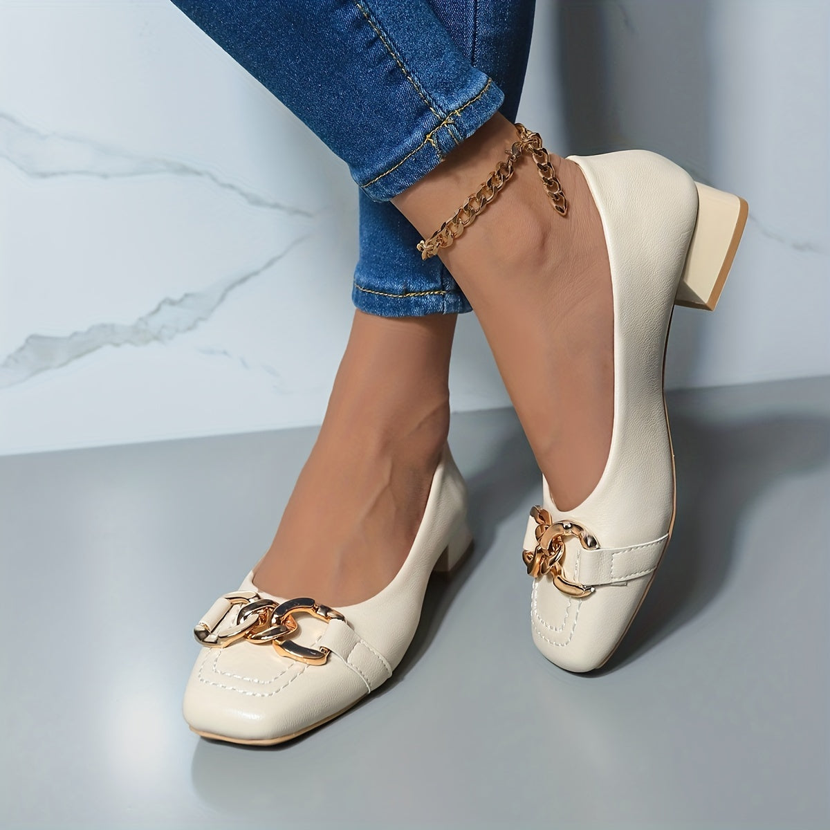 Women's Square Toe Low Heels Metallic Buckle Soft Sole Shoes