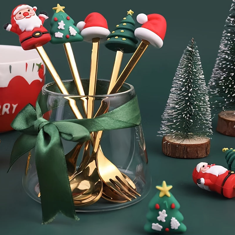 Christmas Spoon Set Cutlery Dessert Spoon And Fork Santa Hat Christmas Tree Gift