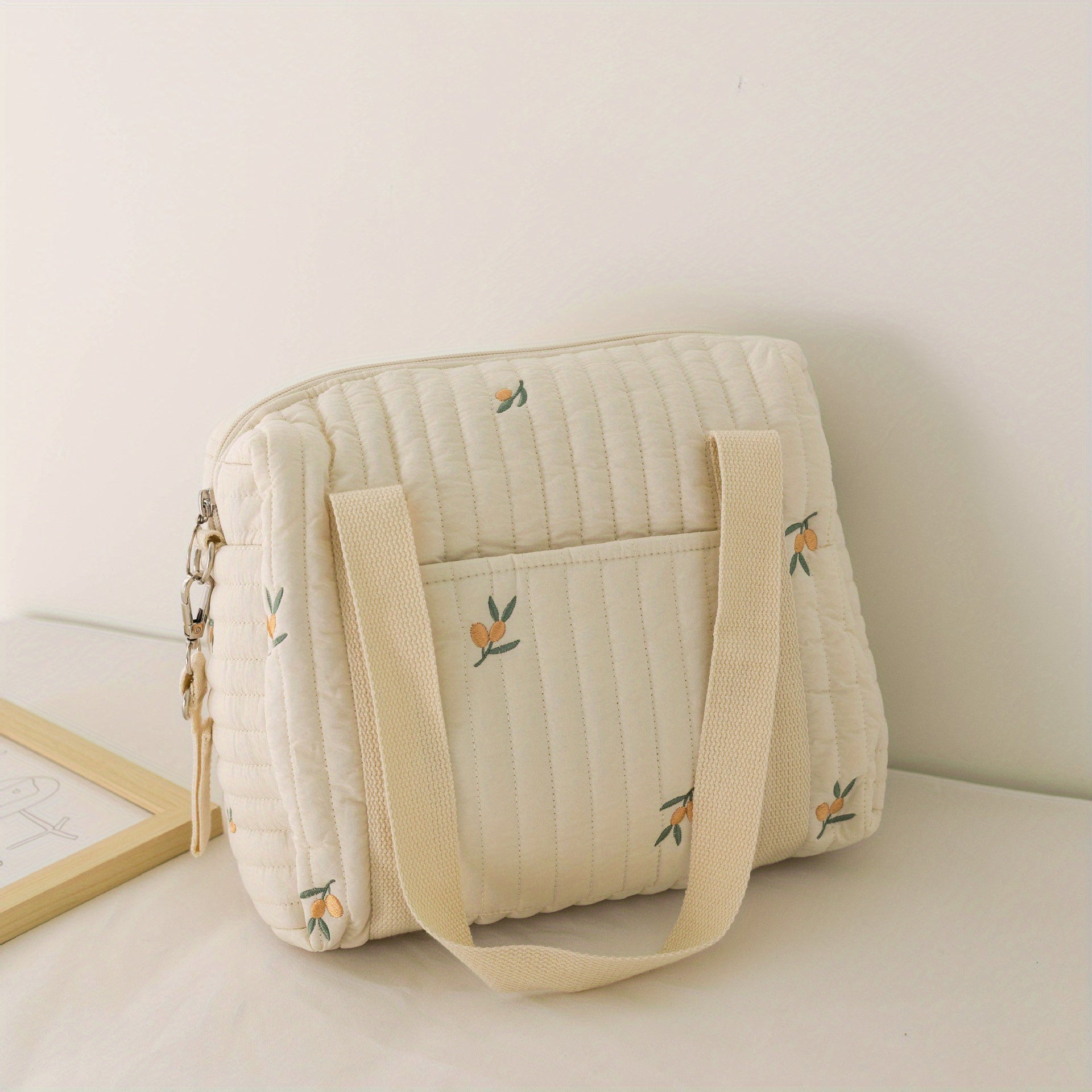 Beige Diaper Bag Cotton Fabric Zipper Large Travel Stroller Organizer