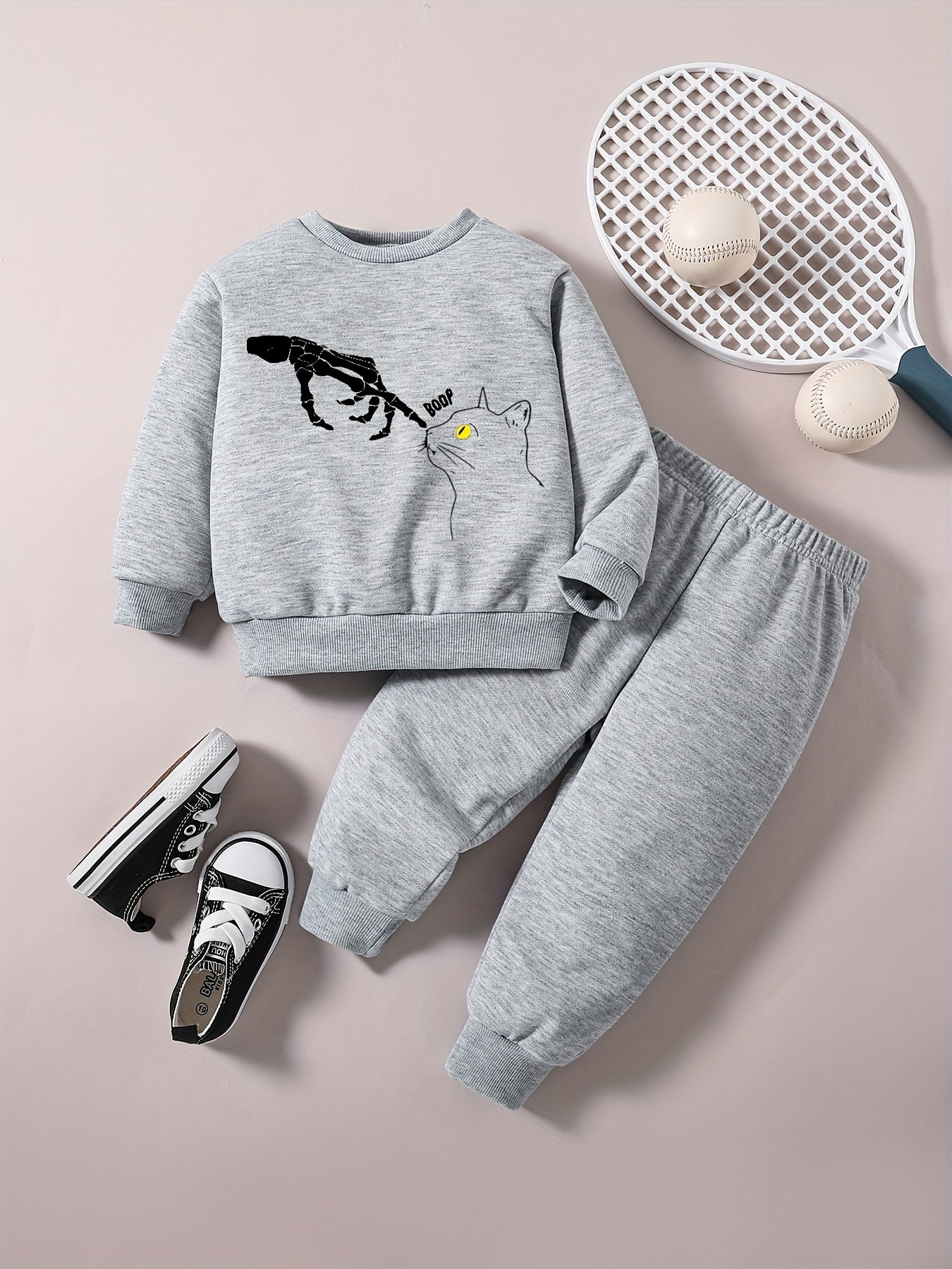 Skull Kitty Graphic Halloween Outfit Baby Boy Casual Set