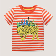 Leopard Print Boy's Striped Crew Neck Short Sleeve T-shirt