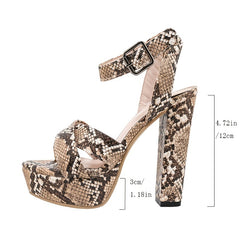 Women's Snakeskin Platform High Heels Ankle Strap Block Heels