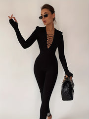 Criss Cross Slim Jumpsuit Long Sleeve Casual Women's Clothing