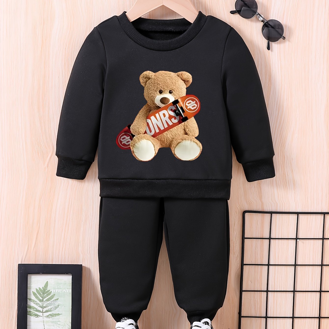 Skateboard & Bear Graphic Baby Sweatshirt Trousers Set
