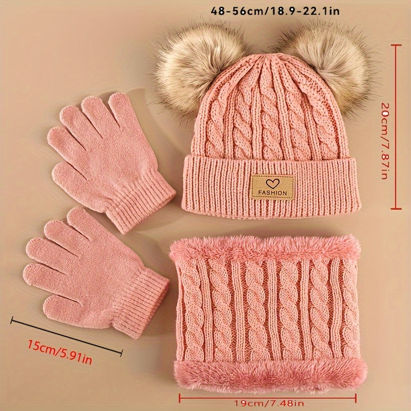 Winter Fur Ball Beanie Scarf Gloves Set