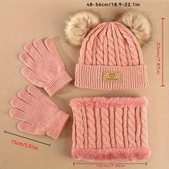 Winter Fur Ball Beanie Scarf Gloves Set