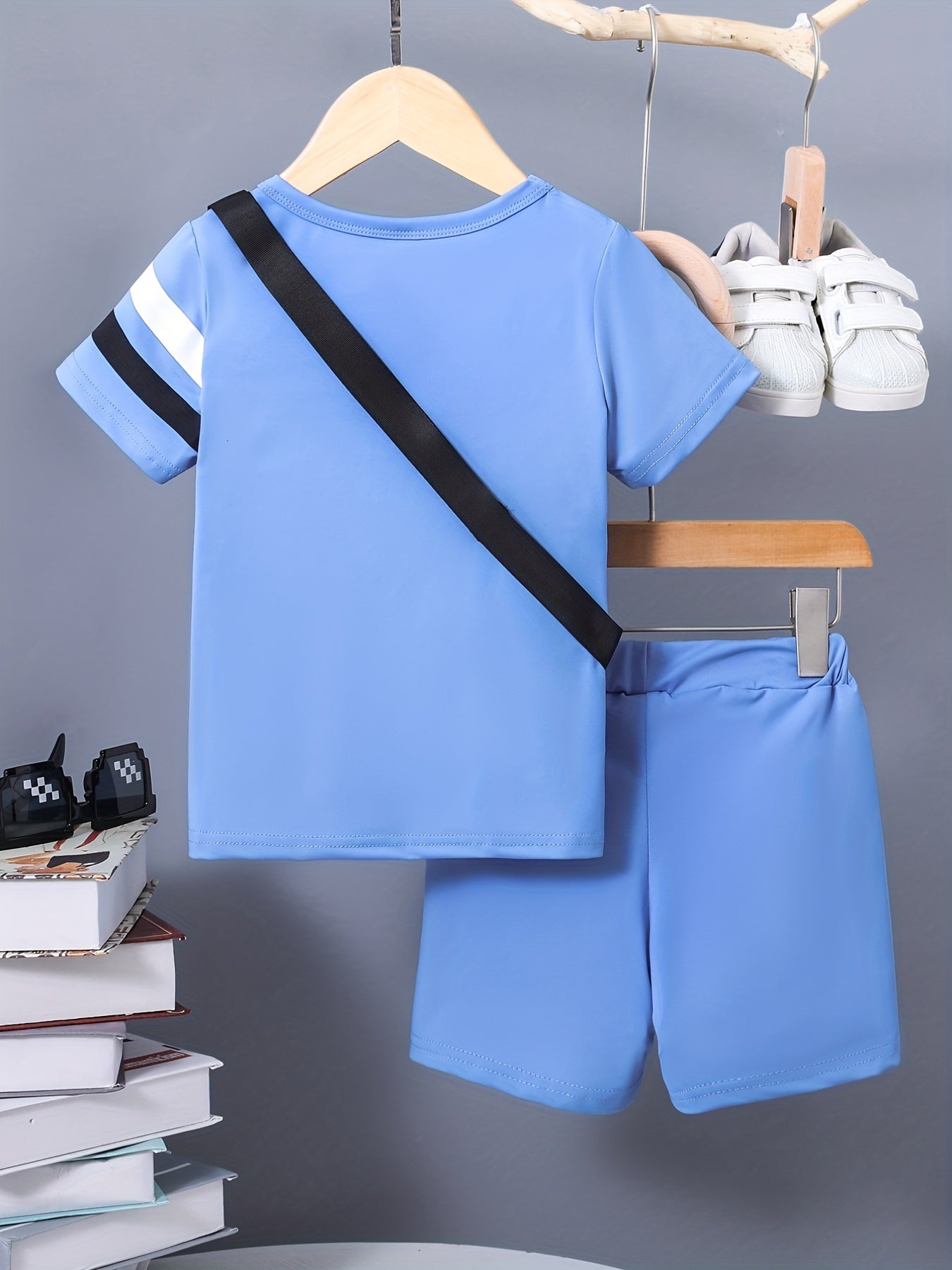 3pcs Boys Casual Stripe Short Sleeve T shirt&Shorts&Crossbody Bag Set