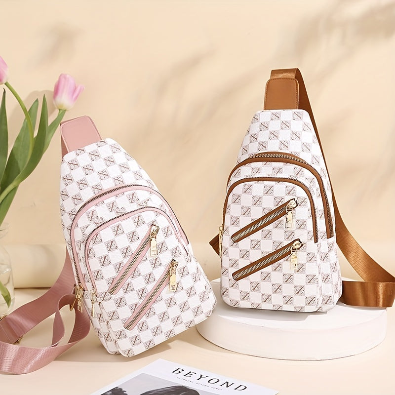 Plaid Pattern Sling Bag Zipper Front Chest Purse PU Leather Crossbody Bag