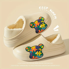 Bear Plush Lined Slippers Cozy Winter Home Shoes
