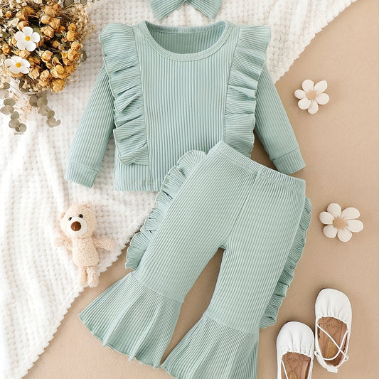 2pcs Baby Girl Ruffle Sleeve Top & Flared Pants Set