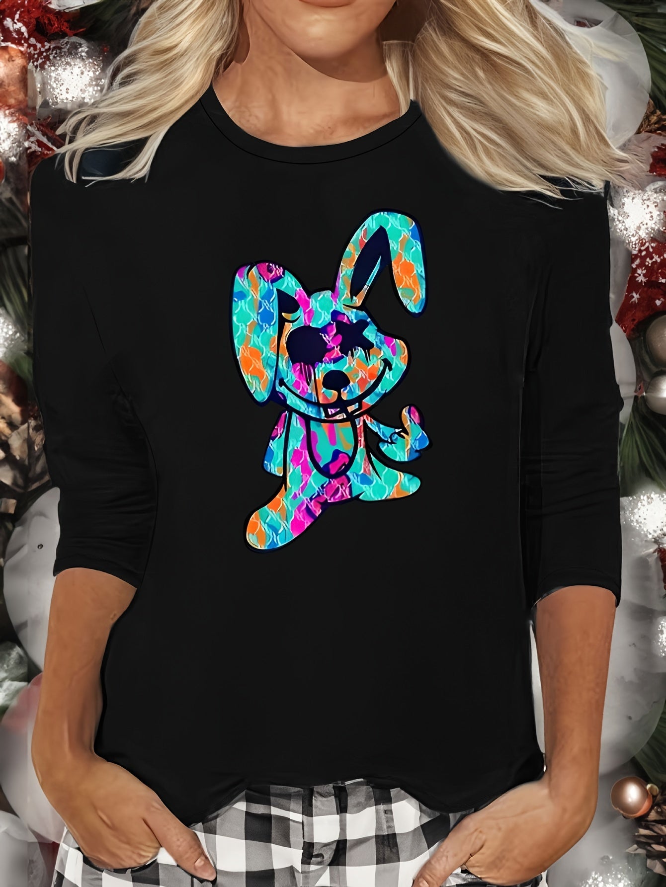 Cartoon Rabbit Print Lounge Top Long Sleeve Crew Neck Women's Loungewear
