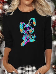Cartoon Rabbit Print Lounge Top Long Sleeve Crew Neck Women's Loungewear